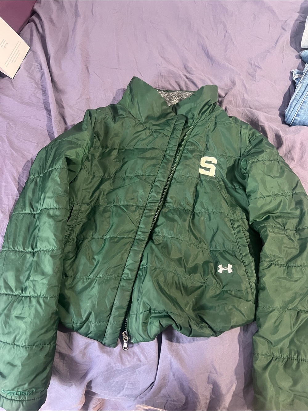 Under Armour Girls' Green Quilted Puffer Jacket with Logo